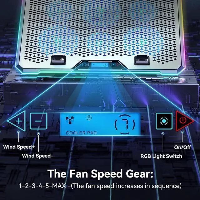 Alt view image 3 of 7 - KYOLLY Aluminum Alloy Laptop Cooling PadRGB Gaming Laptop Cooler with 6 Quiet Cooling Fans for 15.6-17.3 inch laptops, 9 Height Stand, LCD Screen, 4 USB Ports with 1 3.0HUB 2 2.0HUB, Lap Desk Use
