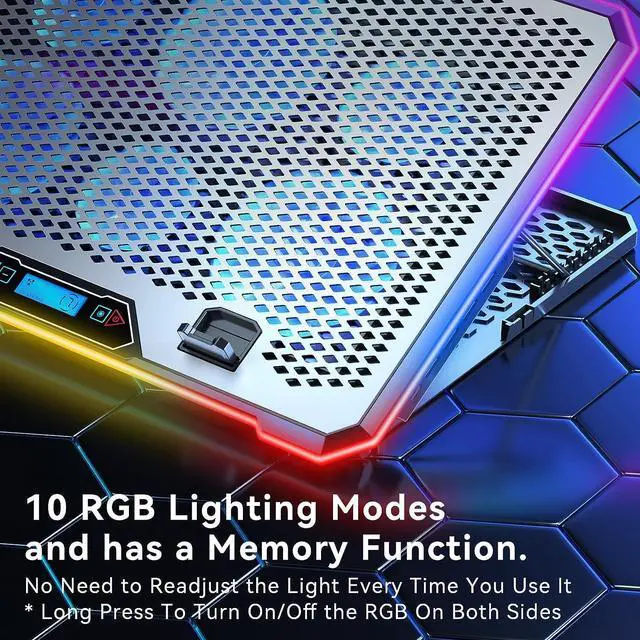 Alt view image 4 of 7 - KYOLLY Aluminum Alloy Laptop Cooling PadRGB Gaming Laptop Cooler with 6 Quiet Cooling Fans for 15.6-17.3 inch laptops, 9 Height Stand, LCD Screen, 4 USB Ports with 1 3.0HUB 2 2.0HUB, Lap Desk Use