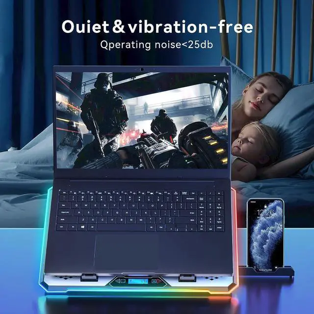 Alt view image 5 of 7 - KYOLLY Aluminum Alloy Laptop Cooling PadRGB Gaming Laptop Cooler with 6 Quiet Cooling Fans for 15.6-17.3 inch laptops, 9 Height Stand, LCD Screen, 4 USB Ports with 1 3.0HUB 2 2.0HUB, Lap Desk Use
