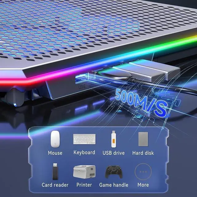 Alt view image 6 of 7 - KYOLLY Aluminum Alloy Laptop Cooling PadRGB Gaming Laptop Cooler with 6 Quiet Cooling Fans for 15.6-17.3 inch laptops, 9 Height Stand, LCD Screen, 4 USB Ports with 1 3.0HUB 2 2.0HUB, Lap Desk Use
