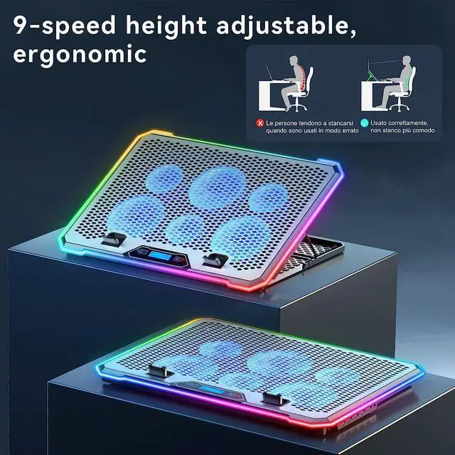 Alt view image 7 of 7 - KYOLLY Aluminum Alloy Laptop Cooling PadRGB Gaming Laptop Cooler with 6 Quiet Cooling Fans for 15.6-17.3 inch laptops, 9 Height Stand, LCD Screen, 4 USB Ports with 1 3.0HUB 2 2.0HUB, Lap Desk Use