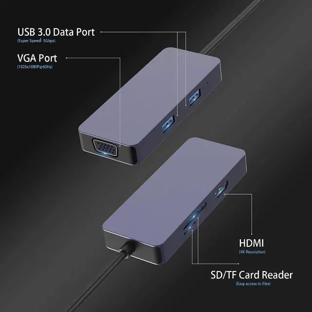 Alt view image 2 of 6 - USB C Hub 4K HDMI, 6 in 1 Dual Monitor USB C Adapter with 4K HDMI, VGA, USB 3.0 * 2, SD/TF Compatible for MacBook, Surface Pro/Go, Pad Pro/Air, Laptop and More Type C Devices