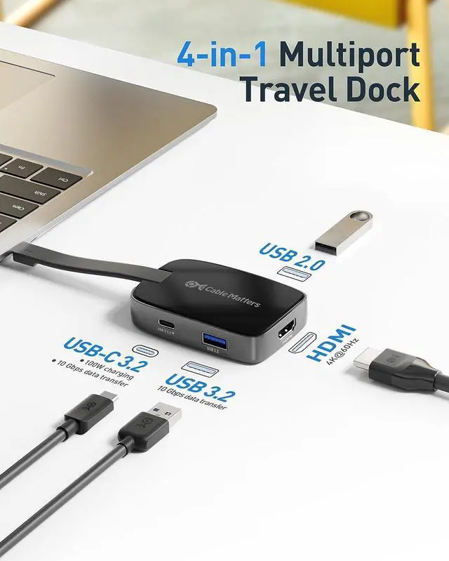 Alt view image 2 of 6 - Cable Matters 4-in-1 Portable USB C Hub HDMI 4K 60Hz 100W Charging, 10Gbps USB-A, USB-C (Foldable USB C to HDMI Multiport Adapter, USB C HDMI Hub) Compatible with Thunderbolt 4 for MacBook, Dell XPS