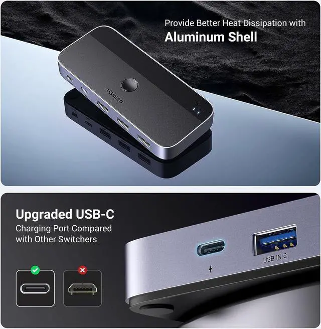 Alt view image 7 of 7 - UGREEN USB 3.0 Switch 2 Computers Sharing USB C & A Devices, 4 Port USB Switcher Shareing Keyboard and Mouse, Printer/Scanner USB Switch Hub for Two Computers with 2 USB3.0 Cables and Remote