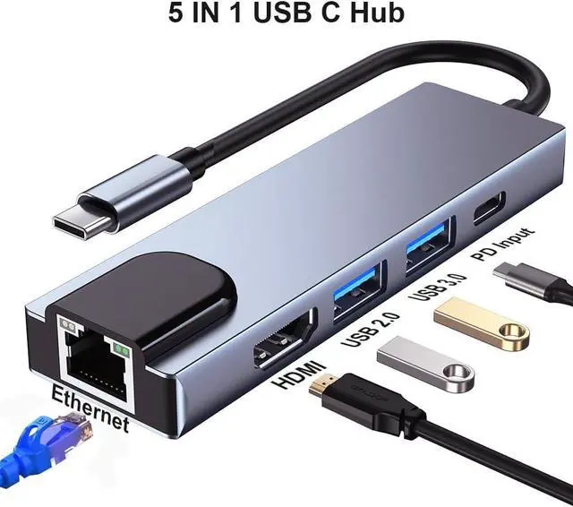 Alt view image 2 of 7 - QCEs USB C Hub Multiport Adapter, 5-in-1 USB C to Ethernet HDMI Hub with HDMI Ethernet Port, USB3.0/2.0 Port, PD Charging Compatible with MacBook Pro/Air, iPad Pro, iPhone 16/15, iMac, XPS
