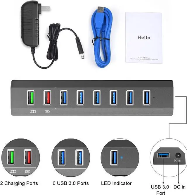 Alt view image 7 of 7 - RAOYI Powered USB 3.0 Hub, 8 Ports High Speed USB 3.0 Hub Splitter with 36W Power Adapter, 3.3ft Cable and Smart Fast Charger USB Hub for Laptop, PC, Mobile HDD, Mulitple Devices (Gray)
