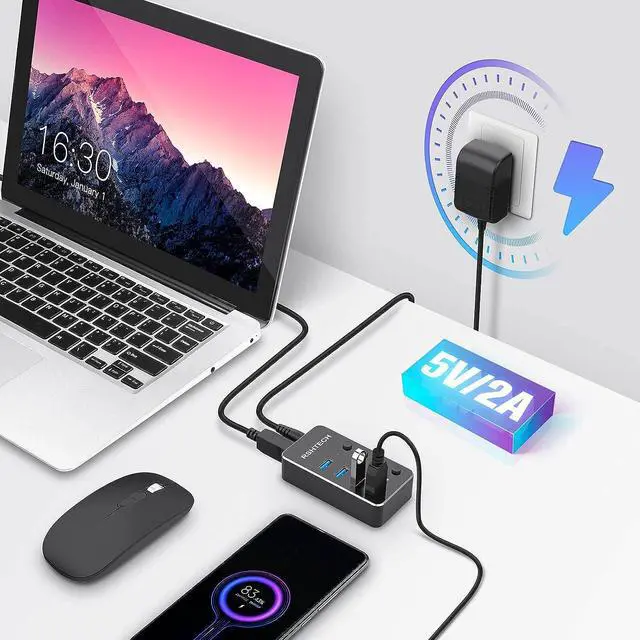 Alt view image 2 of 7 - USB 3.0 Hub RSHTECH 4 Port Powered USB 3.0/USB C Hub Upgraded Version with 2-in-1 3.3ft USB Cable,5V Power Adapter and Individual Switches, Portable Aluminum USB Splitter for Laptop and PC, RSH-ST04