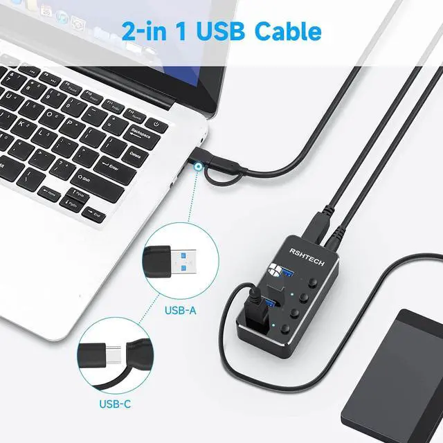 Alt view image 4 of 7 - USB 3.0 Hub RSHTECH 4 Port Powered USB 3.0/USB C Hub Upgraded Version with 2-in-1 3.3ft USB Cable,5V Power Adapter and Individual Switches, Portable Aluminum USB Splitter for Laptop and PC, RSH-ST04