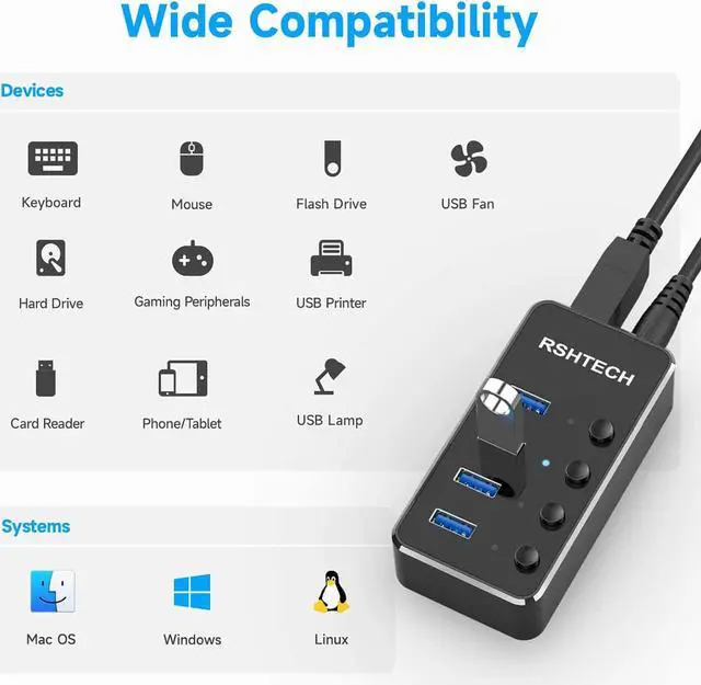 Alt view image 5 of 7 - USB 3.0 Hub RSHTECH 4 Port Powered USB 3.0/USB C Hub Upgraded Version with 2-in-1 3.3ft USB Cable,5V Power Adapter and Individual Switches, Portable Aluminum USB Splitter for Laptop and PC, RSH-ST04