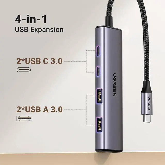 Alt view image 2 of 7 - UGREEN Aluminium USB C Hub, 4 Ports USB C with 2 USB C & 2 USB 3.0, USB-C Multiport Splitter with 5Gbps for PC Laptop MacBook Pro/Air iMac iPad Pro Surface, iPhone 15/15 Pro, Galaxy S24, and More