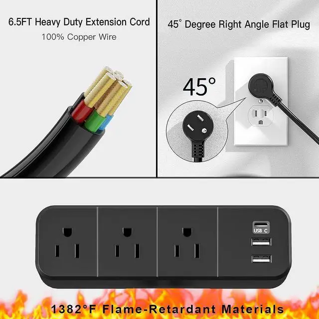 Alt view image 7 of 7 - Desk Clamp Power Strip with 3 AC Outlets, Desktop Edge Mount 1625W Surge Protector with 2 USB A and 1 USB C Ports, 6.5 ft Plug Extension Cord, Desk Edge Power Strip for Home, Office, Black