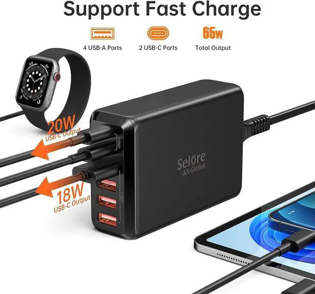 Alt view image 2 of 7 - USB C Charging Station, SELORE 65W 6-Port Gan Fast Charging Block, Compact Desktop USB-C Wall Charger Adapter for iPhone 16/15, iPad Pro, Home, Office