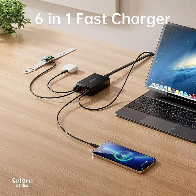 Alt view image 3 of 7 - USB C Charging Station, SELORE 65W 6-Port Gan Fast Charging Block, Compact Desktop USB-C Wall Charger Adapter for iPhone 16/15, iPad Pro, Home, Office