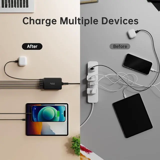 Alt view image 7 of 7 - USB C Charging Station, SELORE 65W 6-Port Gan Fast Charging Block, Compact Desktop USB-C Wall Charger Adapter for iPhone 16/15, iPad Pro, Home, Office