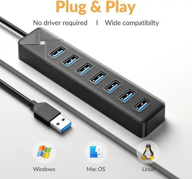 Alt view image 4 of 7 - PG7U 7-Port USB 3.0 Hub with USB-C Power Input Port - 5Gbps Multiport USB Dock Splitter for PC, Desktop, PS4, PS5, Xbox, and More - 3.3ft Long Cable, Black