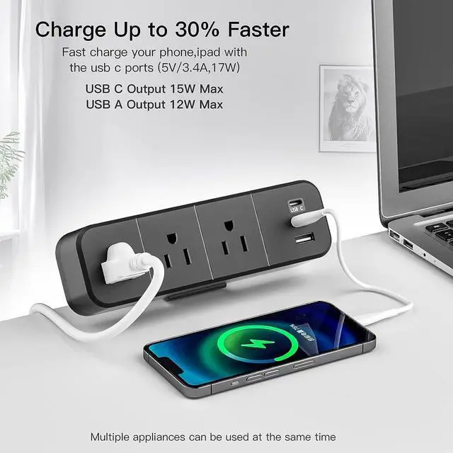 Alt view image 2 of 7 - Desk Clamp Power Strip with 3 AC Outlets, Desktop Edge Mount 1625W Surge Protector with 2 USB A and 1 USB C Ports, 6.5 ft Plug Extension Cord, Desk Edge Power Strip for Home, Office, Black