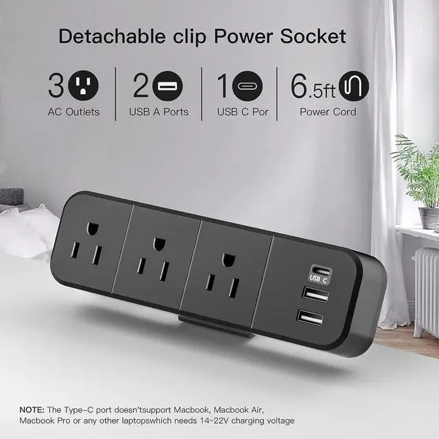 Alt view image 3 of 7 - Desk Clamp Power Strip with 3 AC Outlets, Desktop Edge Mount 1625W Surge Protector with 2 USB A and 1 USB C Ports, 6.5 ft Plug Extension Cord, Desk Edge Power Strip for Home, Office, Black