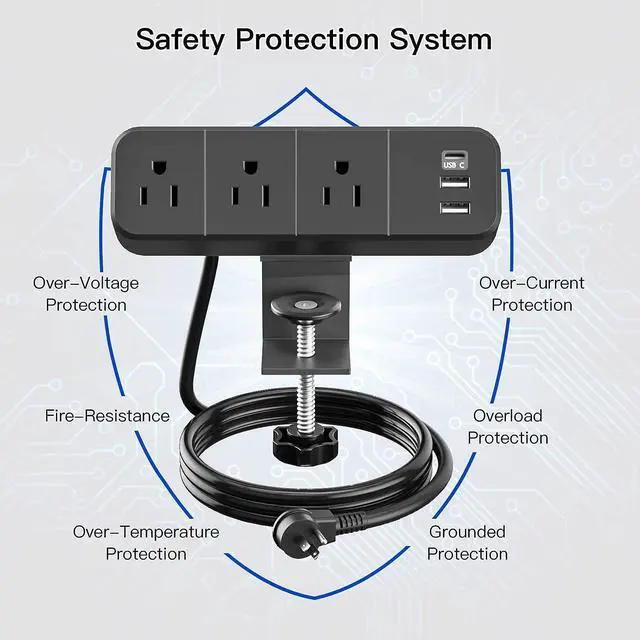 Alt view image 5 of 7 - Desk Clamp Power Strip with 3 AC Outlets, Desktop Edge Mount 1625W Surge Protector with 2 USB A and 1 USB C Ports, 6.5 ft Plug Extension Cord, Desk Edge Power Strip for Home, Office, Black