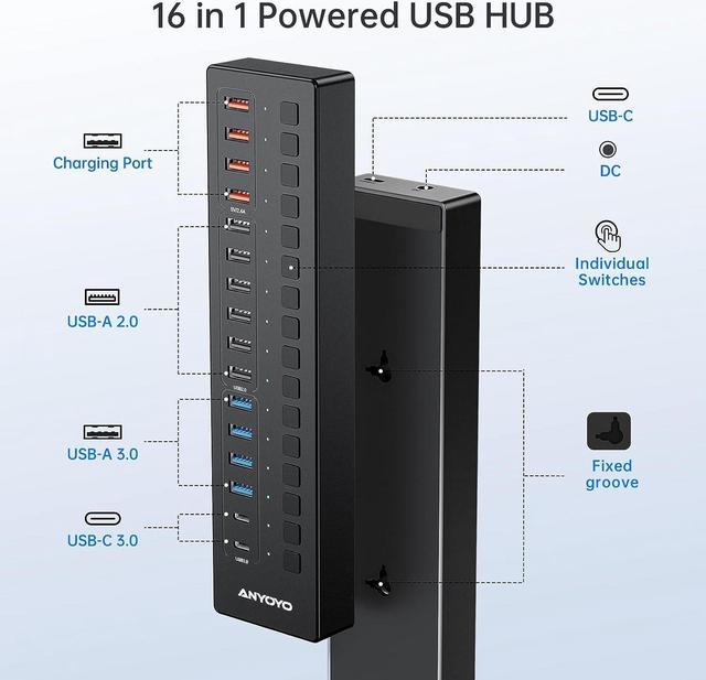 Powered 16-Port USB Hub with 4ft 2-in-1 Cable, 60W USB Hub (10 USB
