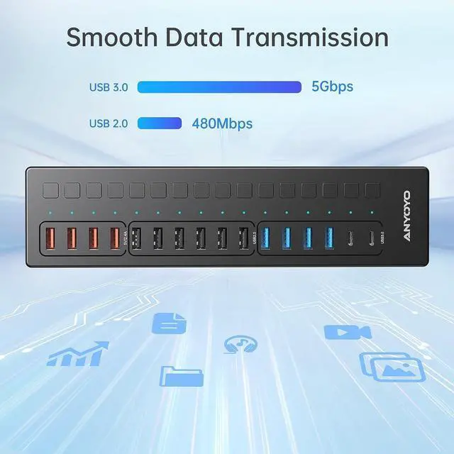 Alt view image 6 of 7 - Powered 16-Port USB Hub with 4ft 2-in-1 Cable, 60W USB Hub (10 USB-A+2 USB-C 3.0+4 Smart Charging Ports), Wall Mounting USB Port Extender, Individual LED Switches, USB Charging Hub for USB Devices