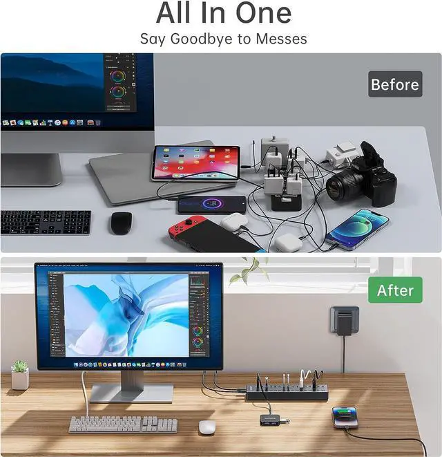 Alt view image 7 of 7 - Powered 16-Port USB Hub with 4ft 2-in-1 Cable, 60W USB Hub (10 USB-A+2 USB-C 3.0+4 Smart Charging Ports), Wall Mounting USB Port Extender, Individual LED Switches, USB Charging Hub for USB Devices