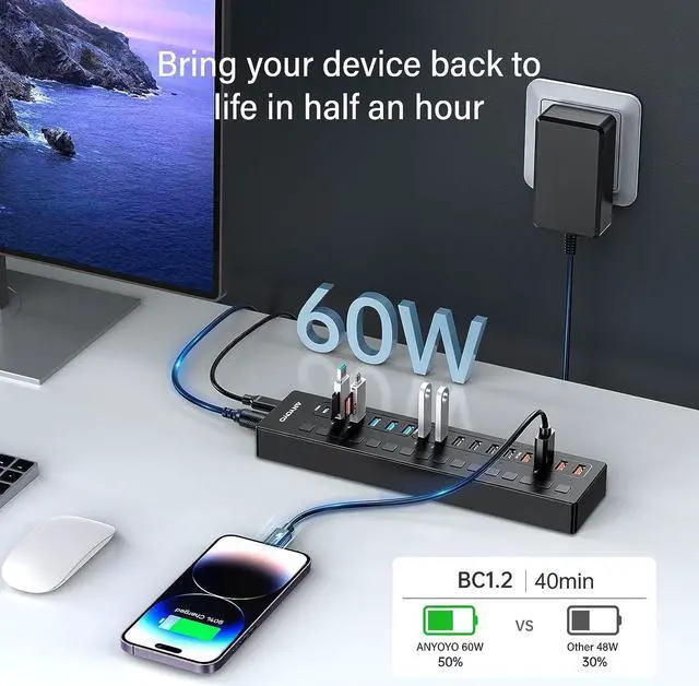 Alt view image 5 of 7 - Powered 16-Port USB Hub with 4ft 2-in-1 Cable, 60W USB Hub (10 USB-A+2 USB-C 3.0+4 Smart Charging Ports), Wall Mounting USB Port Extender, Individual LED Switches, USB Charging Hub for USB Devices