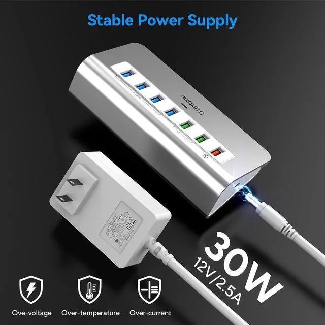 Alt view image 6 of 7 - Powered USB 3.2 Hub 10Gbps,7 Port USB Data Hub USB Splitter with 4 USB 3.2 Gen2 Data Ports,3 Fast Charging Ports,30W Power Adapter,Type A & C Cable, Aluminum Powered USB C Hub for Computer,PC,Laptop