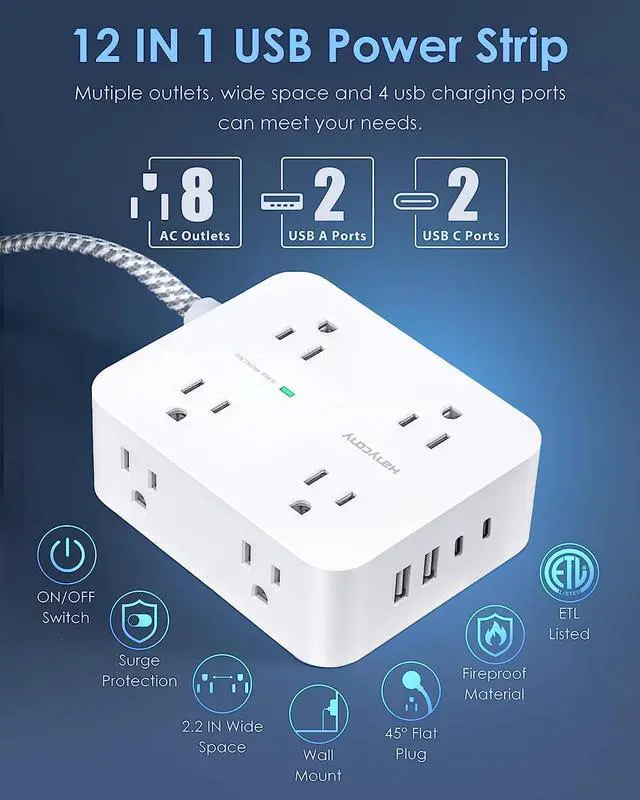 Alt view image 2 of 7 - 6Ft Surge Protector Power Strip with USB C, Extension Cord with 8 Wide Outlets(2.2 IN) and 4 USB Ports(2 USB C), Flat Plug, Wall Mount, 3 Side Outlet Extender for Home Dorm Room Essentials, ETL Listed
