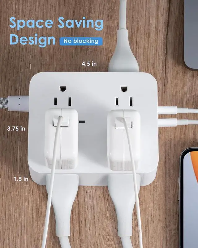 Alt view image 3 of 7 - 6Ft Surge Protector Power Strip with USB C, Extension Cord with 8 Wide Outlets(2.2 IN) and 4 USB Ports(2 USB C), Flat Plug, Wall Mount, 3 Side Outlet Extender for Home Dorm Room Essentials, ETL Listed
