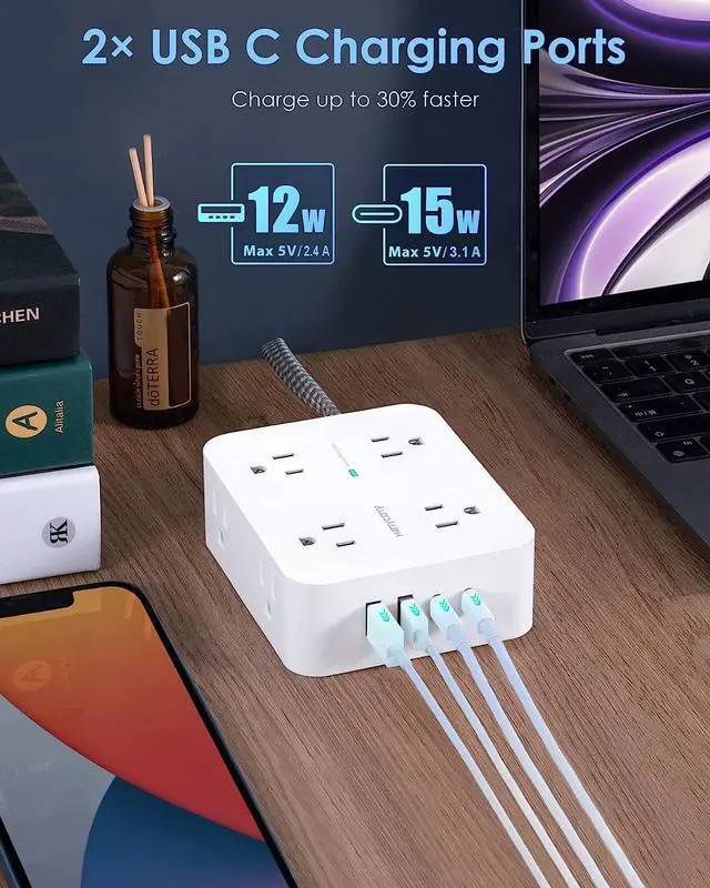 Alt view image 4 of 7 - 6Ft Surge Protector Power Strip with USB C, Extension Cord with 8 Wide Outlets(2.2 IN) and 4 USB Ports(2 USB C), Flat Plug, Wall Mount, 3 Side Outlet Extender for Home Dorm Room Essentials, ETL Listed