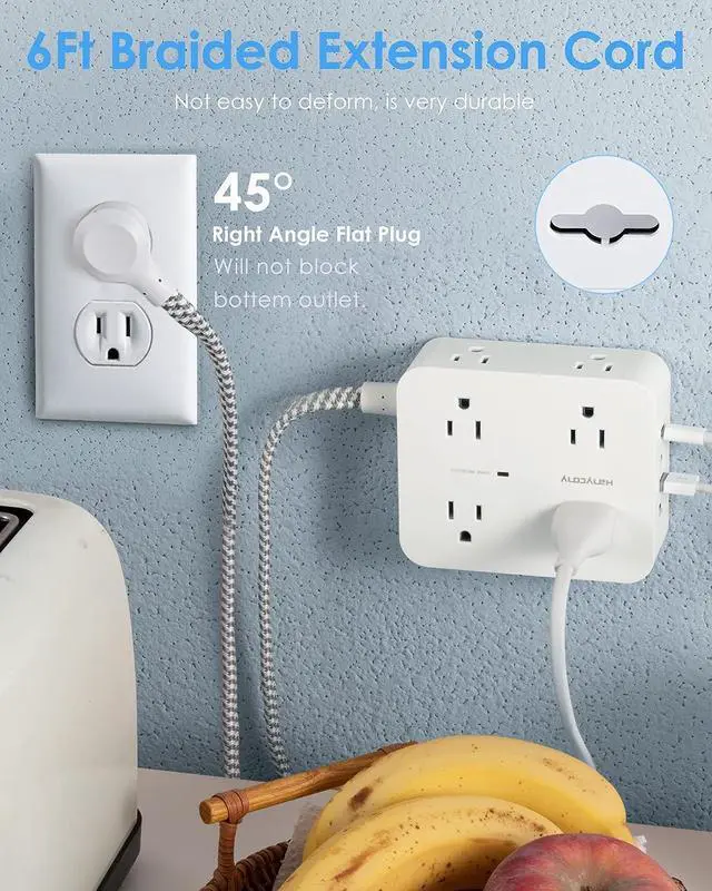 Alt view image 7 of 7 - 6Ft Surge Protector Power Strip with USB C, Extension Cord with 8 Wide Outlets(2.2 IN) and 4 USB Ports(2 USB C), Flat Plug, Wall Mount, 3 Side Outlet Extender for Home Dorm Room Essentials, ETL Listed