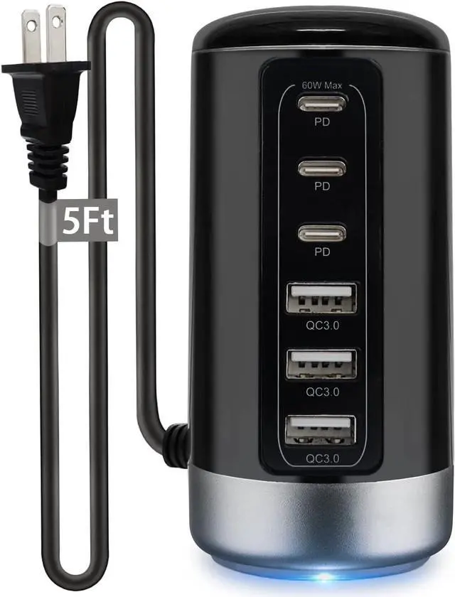 Main image of Universal USB & USB C Tower Fast Charging Station 6-Port 60W - Compact, Space-Saving Design with Multiple USB & USB-C Ports for All iPhone Galaxy Note Pixel iPad Multiple Devices
