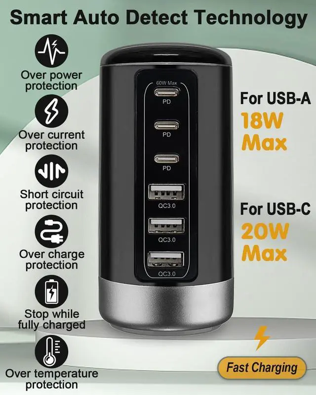 Alt view image 2 of 7 - Universal USB & USB C Tower Fast Charging Station 6-Port 60W - Compact, Space-Saving Design with Multiple USB & USB-C Ports for All iPhone Galaxy Note Pixel iPad Multiple Devices