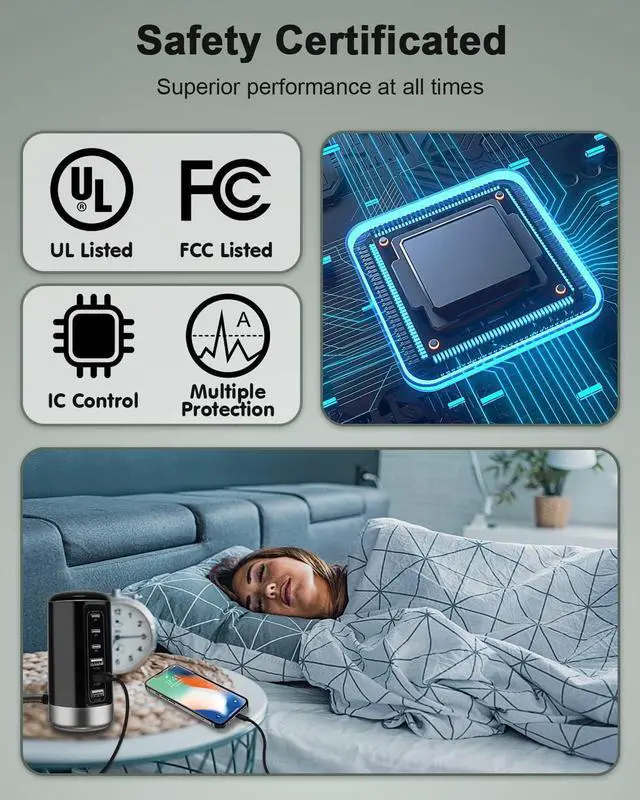 Alt view image 3 of 7 - Universal USB & USB C Tower Fast Charging Station 6-Port 60W - Compact, Space-Saving Design with Multiple USB & USB-C Ports for All iPhone Galaxy Note Pixel iPad Multiple Devices