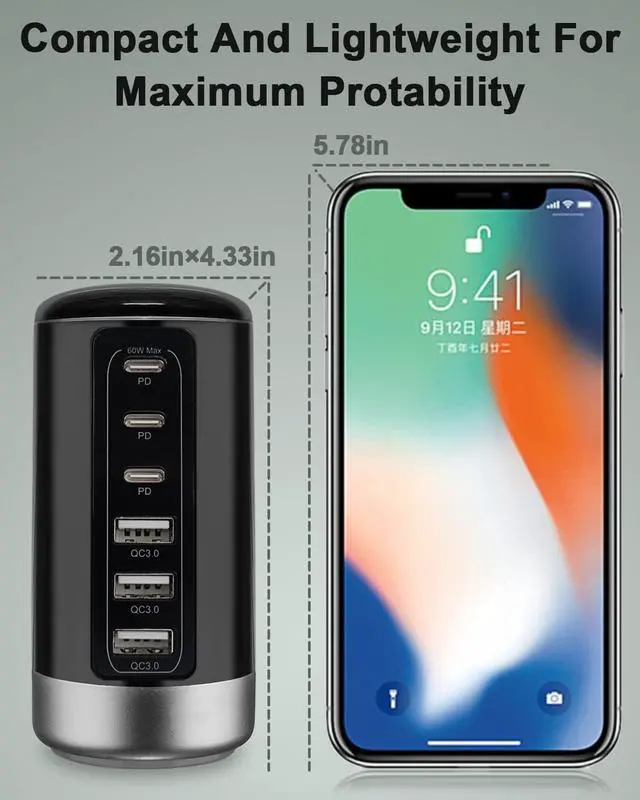 Alt view image 4 of 7 - Universal USB & USB C Tower Fast Charging Station 6-Port 60W - Compact, Space-Saving Design with Multiple USB & USB-C Ports for All iPhone Galaxy Note Pixel iPad Multiple Devices