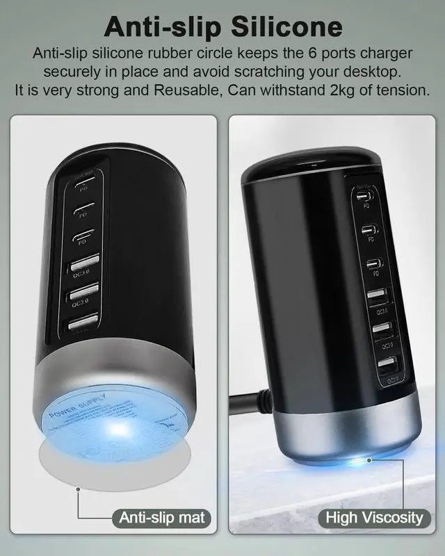 Alt view image 6 of 7 - Universal USB & USB C Tower Fast Charging Station 6-Port 60W - Compact, Space-Saving Design with Multiple USB & USB-C Ports for All iPhone Galaxy Note Pixel iPad Multiple Devices