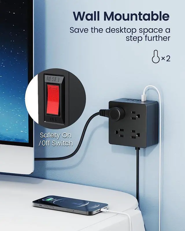 Alt view image 3 of 7 - 5ft Power Strip, SUPERDANNY Surge Protector 900 Joules, 4-Outlet 4-USB Extension Cord, Overload Switch, Grounded, Mountable, Desktop Charging Station for Home, Office, School, Dorm, Computer, Black