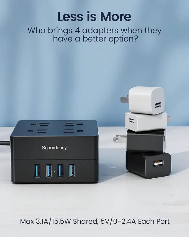 Alt view image 7 of 7 - 5ft Power Strip, SUPERDANNY Surge Protector 900 Joules, 4-Outlet 4-USB Extension Cord, Overload Switch, Grounded, Mountable, Desktop Charging Station for Home, Office, School, Dorm, Computer, Black