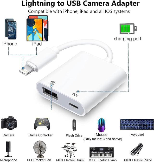 Lightning to USB Camera Adapter with Charging Port, Lightning Female USB  OTG Cable Adapter for Select iPhone,iPad Models Support Connect Camera,  Card Reader, USB Flash Drive, MIDI Keyboard 