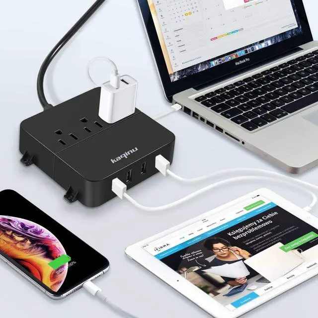 Alt view image 7 of 7 - Power Strip with USB - Wall Mountable Power Strip with 4 USB Ports & 3 Outlets with On/Off Switch & 5ft Extension Cord for Cruise Ship, Travel, Hotel, Office (Black)