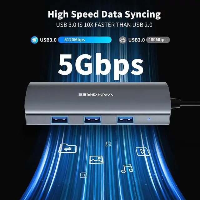 Alt view image 7 of 7 - VANGREE USB C Hub, 3 USB 3.2 Gen 2 Ports with 10Gbps, 4K@60Hz HDMI, 100W Power Delivery, 3 USB-A 3.0 Ports, USB C Splitter Multiport Adapter Extender for MacBook Pro/Air, iPad Pro, Mac mini and More