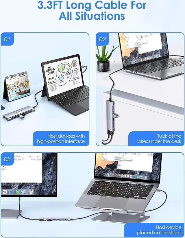 Alt view image 5 of 7 - LENTION 3.3FT Long Cable USB C Hub with 4K HDMI, 2 USB 3.0, Card Reader, Aux, Type C Data/Charging Compatible 2024-2016 MacBook Pro, Mac Air/Surface, More, Stable Driver Adapter (CB-C37, Space Gray)