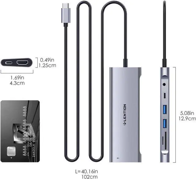 Alt view image 7 of 7 - LENTION 3.3FT Long Cable USB C Hub with 4K HDMI, 2 USB 3.0, Card Reader, Aux, Type C Data/Charging Compatible 2024-2016 MacBook Pro, Mac Air/Surface, More, Stable Driver Adapter (CB-C37, Space Gray)