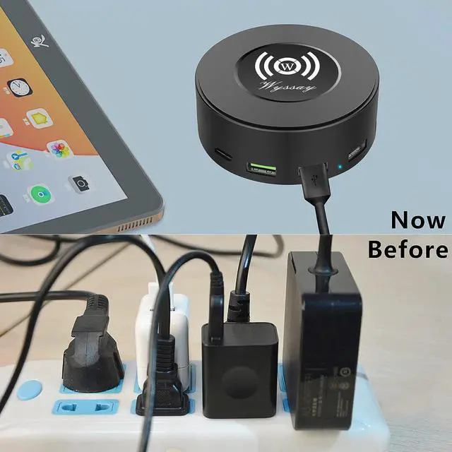 Alt view image 7 of 7 - Wyssay 75W 6-Port USB Charger Desktop Charging Station(Type-C, Quick Charge 3.0 and 4 USB Ports) with Wireless Charger,Multi USB Charger Hub for Smartphone and More Black