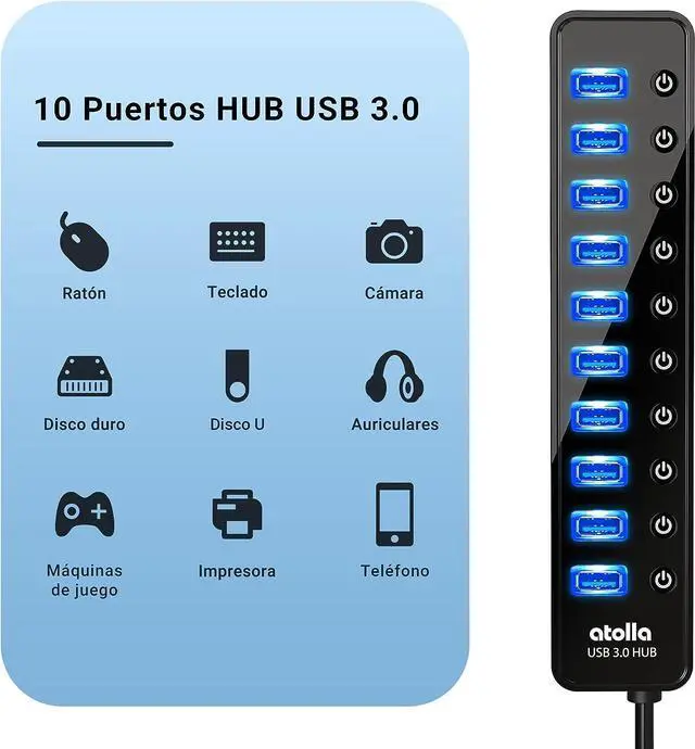 Alt view image 2 of 7 - Powered USB 3.0 Hub, atolla 10 Ports USB Data Hub Splitter with Individual ON/Off Switches and 12V/2.5A Power Adapter USB Extension for Mouse, Keyboard, Hard Drive or More USB Devices