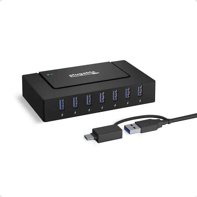 Main image of Plugable 7-in-1 USB Powered Hub for Laptops with USB-C or USB 3.0 - USB Power Station for Multiple Devices and USB Data Transfer with a 60W Power Adapter, Driverless