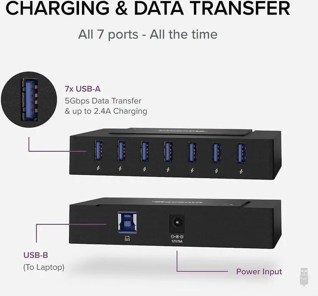 Alt view image 2 of 7 - Plugable 7-in-1 USB Powered Hub for Laptops with USB-C or USB 3.0 - USB Power Station for Multiple Devices and USB Data Transfer with a 60W Power Adapter, Driverless