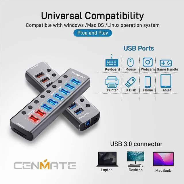 Alt view image 3 of 7 - Powered USB Hub with Card Reader, cenmate 10 Port Aluminum USB Splitter with 6 USB 3.0 Data Ports, 2 USB Charging Ports, TF/SD Slots, Individual Switches, 12V/2.5A Power Adapter for PC, HDD, Printer