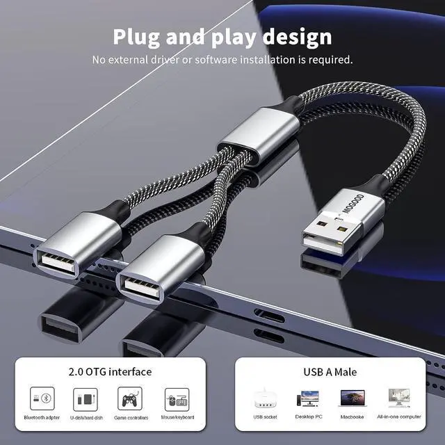 Alt view image 3 of 6 - MOGOOD USB Splitter Cable USB y Splitter Adapter Dual USB 2.0 Power Cord Extension for Charging/Data Transfer Dual Double USB Port Extender Hub Extra Multiport Data Split Adapter for Laptop/Mac/Car
