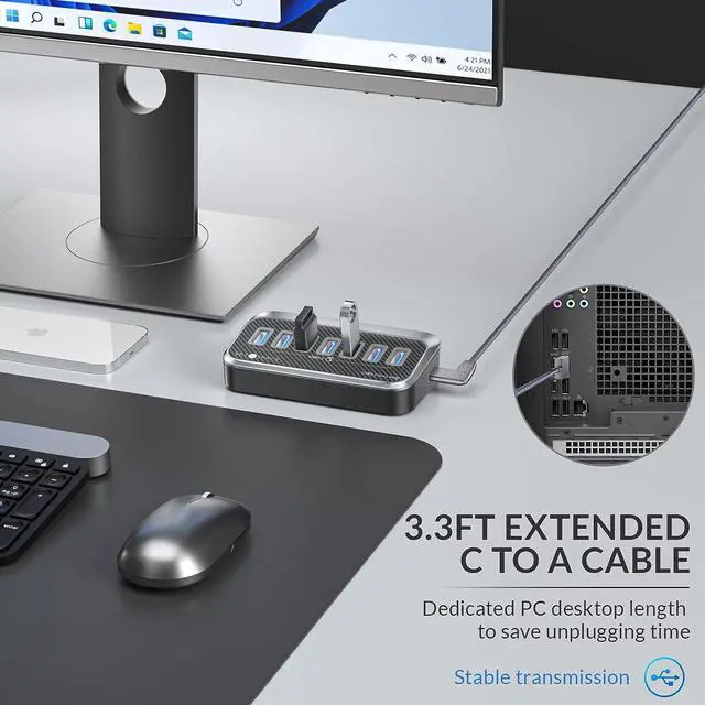 Alt view image 4 of 7 - 7-Port USB Hub, USB 3.2 Gen1 Hub, USB C Hub with 7 USB 5Gbps Data Multiports, USB Hub Unique 32° Easy Plug, USB Splitter USB Expander/Extender for Mac, Laptop, PC, DELL, HP, Lenovo
